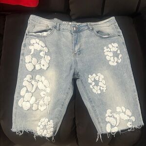 Embroidered Denim Shorts with Floral Design